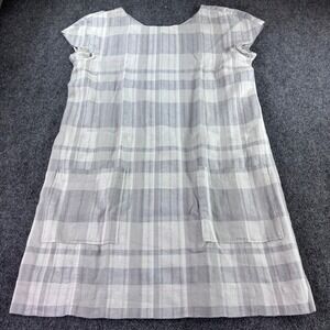 Eileen Fisher Shift Dress Women Medium Grey Plaid Organic Linen Cotton Pockets